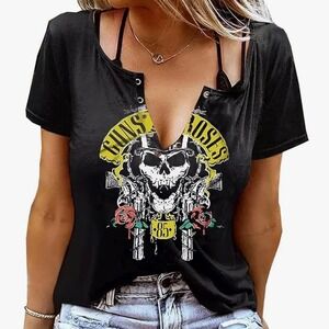 Guns n Roses 85 Skull Graphic Black‎ V Neck T Shirt Size S Grunge Goth Western